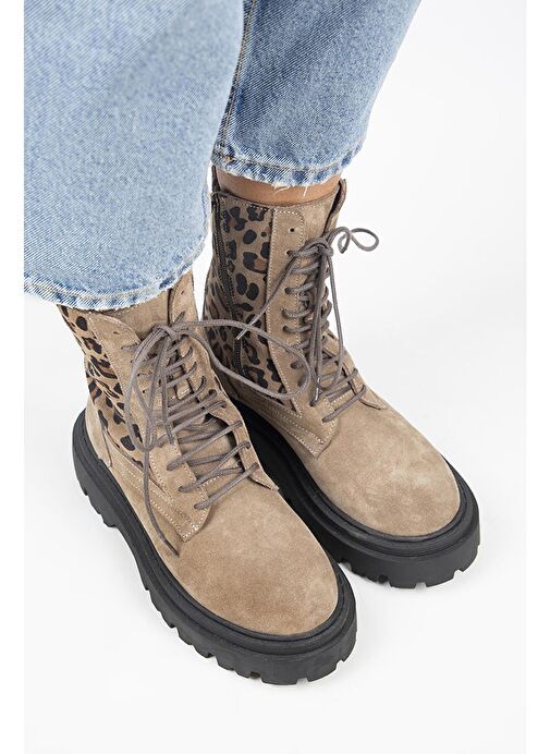 Manijero Diane Kadın Hakiki Deri Bağcıklı Vizon-Leopar Bot - Görsel 4