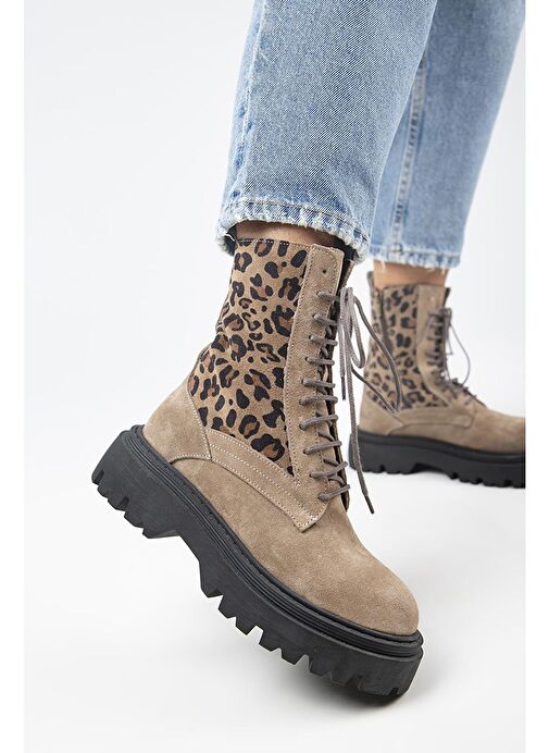 Manijero Diane Kadın Hakiki Deri Bağcıklı Vizon-Leopar Bot - Görsel 6
