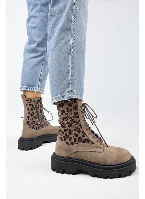 Manijero Diane Kadın Hakiki Deri Bağcıklı Vizon-Leopar Bot - Görsel 7