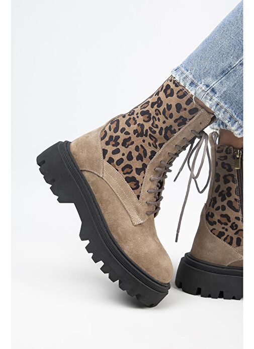 Manijero Diane Kadın Hakiki Deri Bağcıklı Vizon-Leopar Bot - Görsel 8