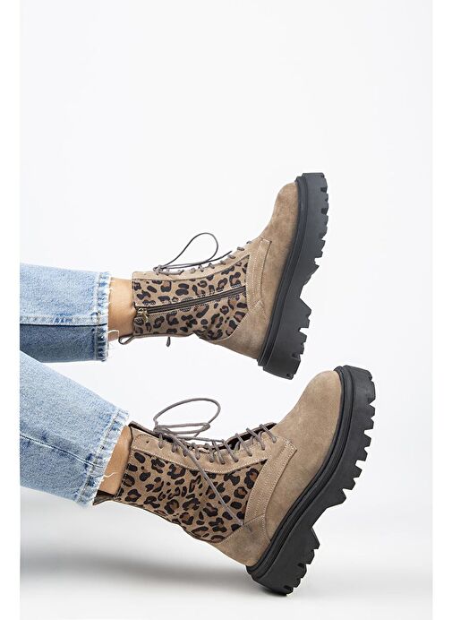 Manijero Diane Kadın Hakiki Deri Bağcıklı Vizon-Leopar Bot - Görsel 9