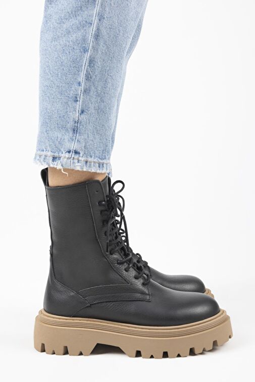 Manijero Diane Kadın Hakiki Deri Bağcıklı Siyah-Taba Bot - Görsel 2