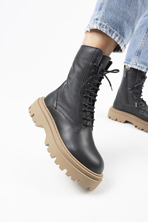 Manijero Diane Kadın Hakiki Deri Bağcıklı Siyah-Taba Bot - Görsel 3