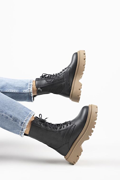 Manijero Diane Kadın Hakiki Deri Bağcıklı Siyah-Taba Bot - Görsel 4