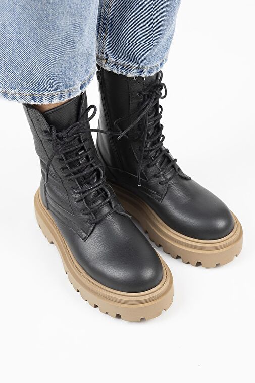 Manijero Diane Kadın Hakiki Deri Bağcıklı Siyah-Taba Bot - Görsel 5