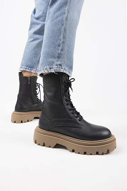 Manijero Diane Kadın Hakiki Deri Bağcıklı Siyah-Taba Bot - Görsel 6