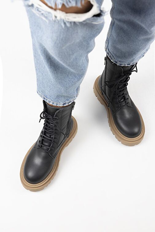 Manijero Diane Kadın Hakiki Deri Bağcıklı Siyah-Taba Bot - Görsel 7