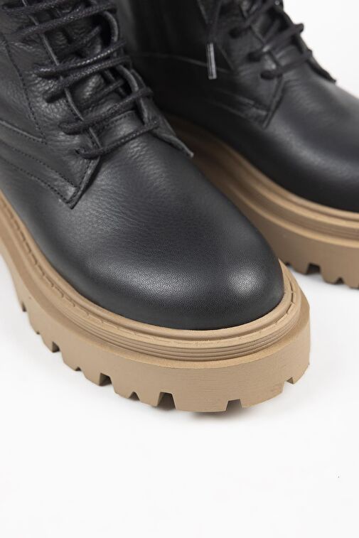 Manijero Diane Kadın Hakiki Deri Bağcıklı Siyah-Taba Bot - Görsel 8