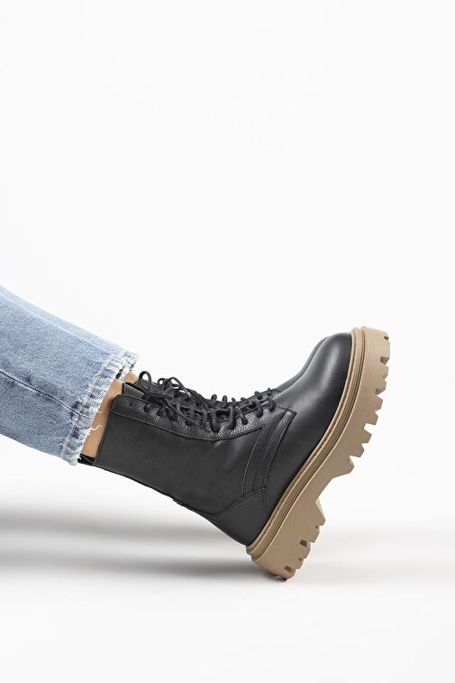 Manijero Diane Kadın Hakiki Deri Bağcıklı Siyah-Taba Bot - Görsel 9