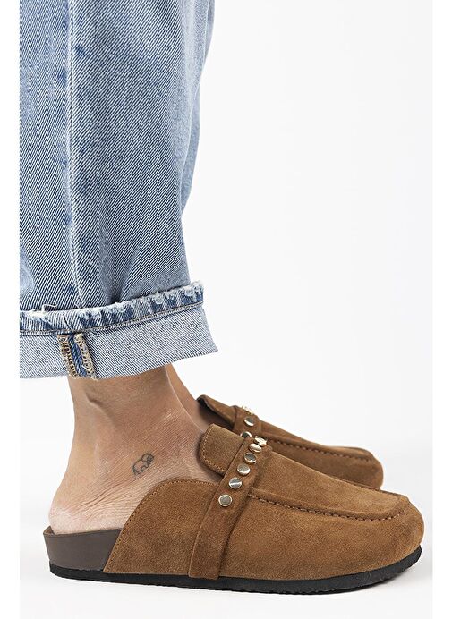 Manijero Bonita 2 Kadın Hakiki Deri Troklu Sabo Taba Terlik - Görsel 3