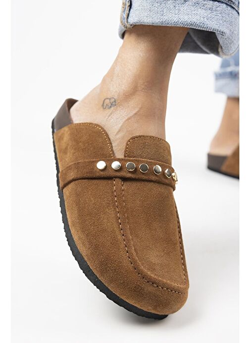 Manijero Bonita 2 Kadın Hakiki Deri Troklu Sabo Taba Terlik - Görsel 2