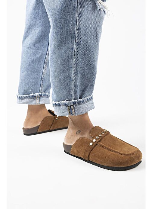 Manijero Bonita 2 Kadın Hakiki Deri Troklu Sabo Taba Terlik - Görsel 4