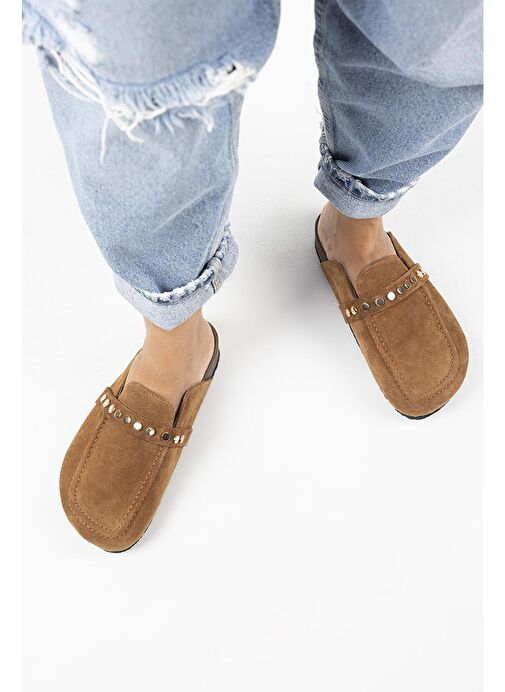 Manijero Bonita 2 Kadın Hakiki Deri Troklu Sabo Taba Terlik - Görsel 5