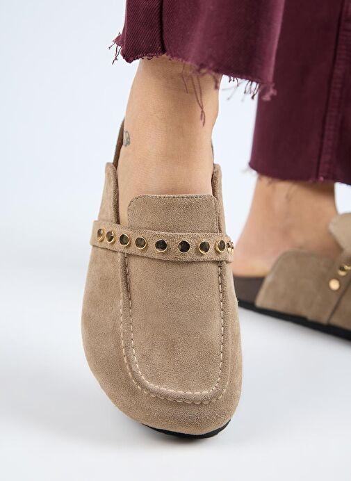 Manijero Bonita 2 Kadın Hakiki Deri Troklu Sabo Vizon Terlik - Görsel 6