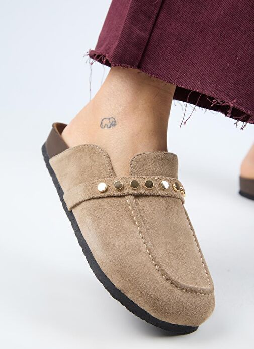 Manijero Bonita 2 Kadın Hakiki Deri Troklu Sabo Vizon Terlik - Görsel 2