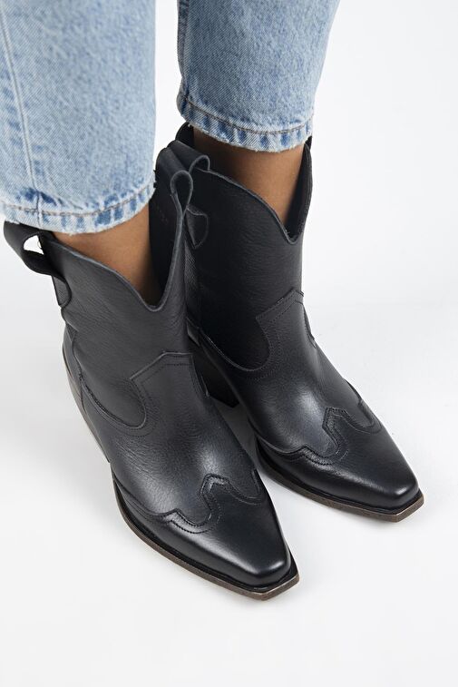 Manijero Ellinor Kadın Hakiki Deri Western Siyah Bot - Görsel 3