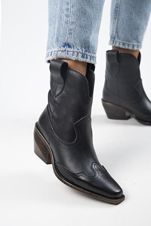 Manijero Ellinor Kadın Hakiki Deri Western Siyah Bot - Görsel 5