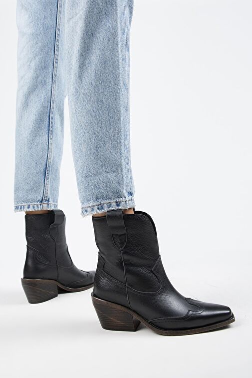 Manijero Ellinor Kadın Hakiki Deri Western Siyah Bot - Görsel 6