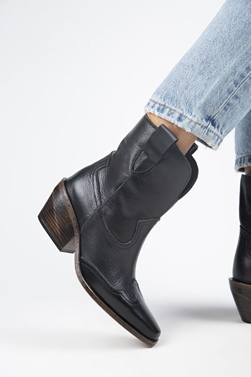 Manijero Ellinor Kadın Hakiki Deri Western Siyah Bot - Görsel 7