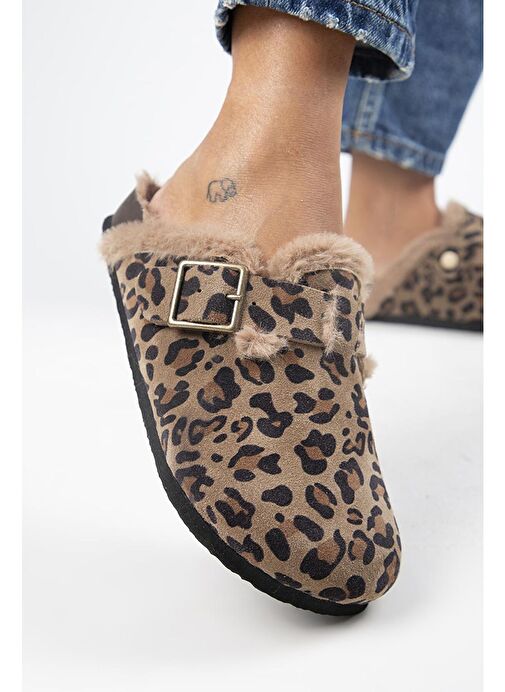 Manijero Kahverengi-Siyah Kadın Deri - Kürklü Terlik MNJ.156.01 - Görsel 3