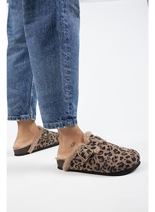 Manijero Kahverengi-Siyah Kadın Deri - Kürklü Terlik MNJ.156.01 - Görsel 4