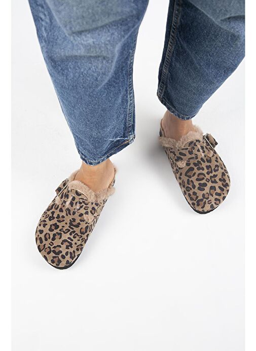 Manijero Kahverengi-Siyah Kadın Deri - Kürklü Terlik MNJ.156.01 - Görsel 5