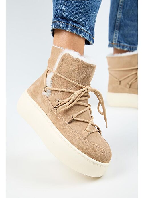 Manijero Haven Kadın Hakiki Deri Bağcıklı İçi Kürklü Kum Bot - Görsel 5