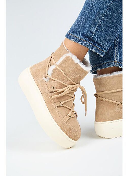 Manijero Haven Kadın Hakiki Deri Bağcıklı İçi Kürklü Kum Bot - Görsel 6