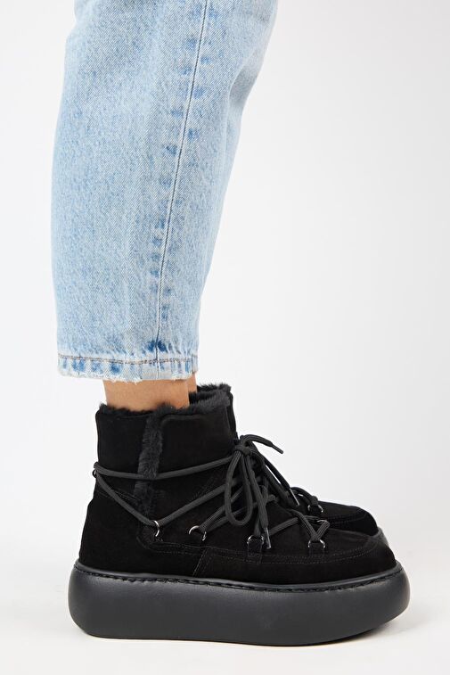 Manijero Haven Kadın Hakiki Deri Bağcıklı İçi Kürklü Siyah Bot - Görsel 2