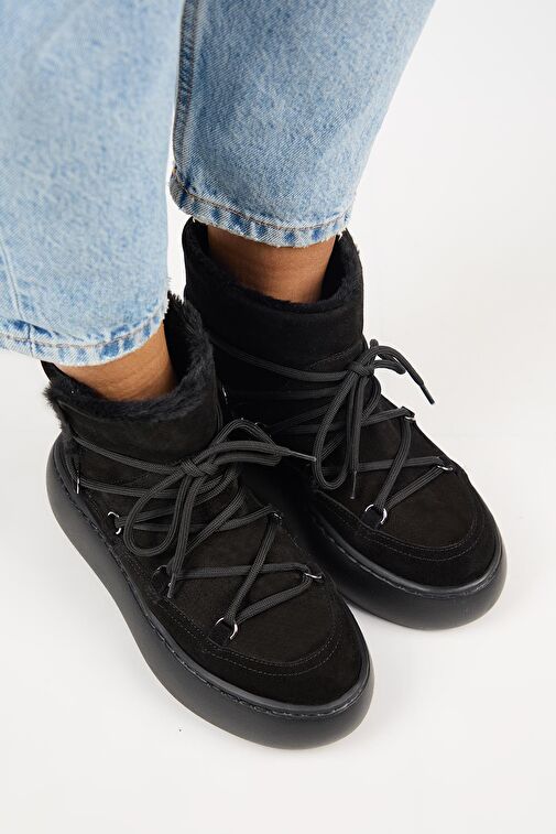 Manijero Haven Kadın Hakiki Deri Bağcıklı İçi Kürklü Siyah Bot - Görsel 3