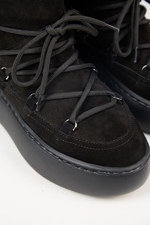 Manijero Haven Kadın Hakiki Deri Bağcıklı İçi Kürklü Siyah Bot - Görsel 4