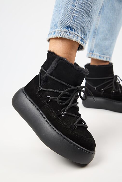 Manijero Haven Kadın Hakiki Deri Bağcıklı İçi Kürklü Siyah Bot - Görsel 5