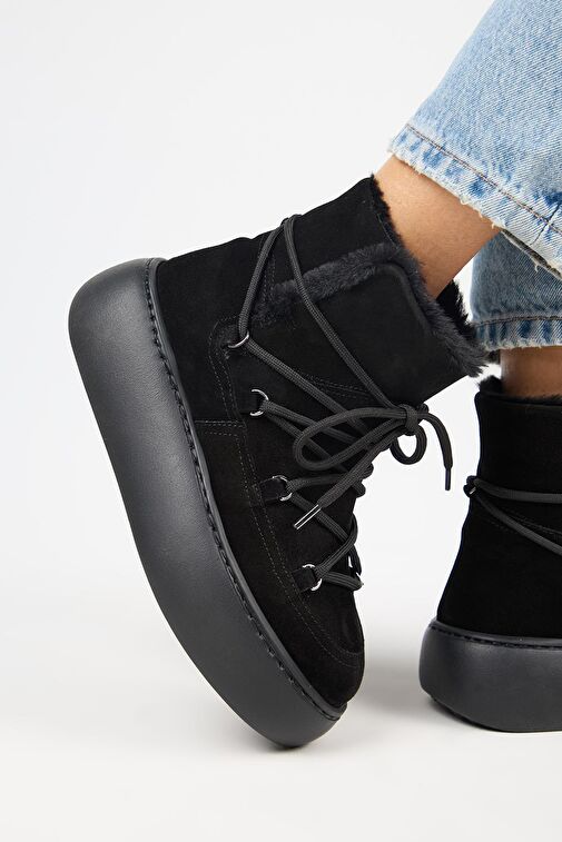 Manijero Haven Kadın Hakiki Deri Bağcıklı İçi Kürklü Siyah Bot - Görsel 6