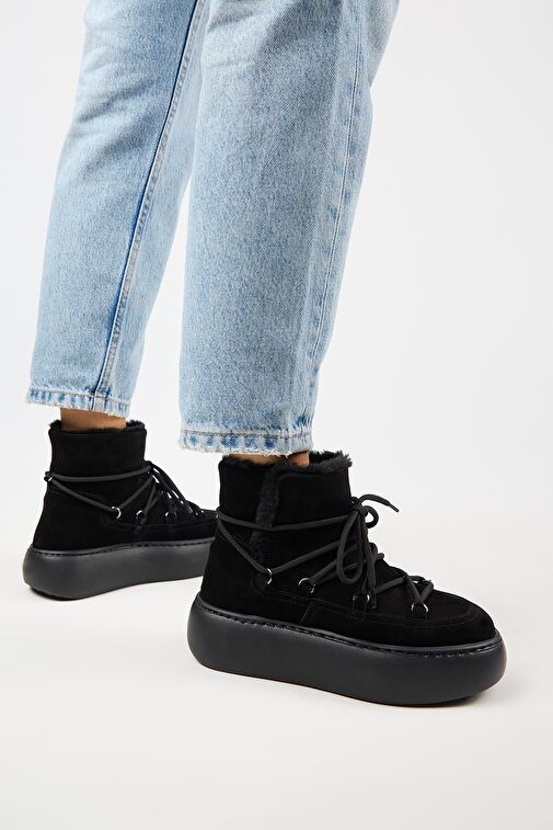 Manijero Haven Kadın Hakiki Deri Bağcıklı İçi Kürklü Siyah Bot - Görsel 7