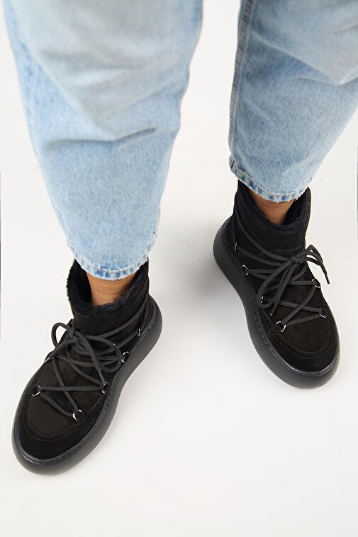 Manijero Haven Kadın Hakiki Deri Bağcıklı İçi Kürklü Siyah Bot - Görsel 8