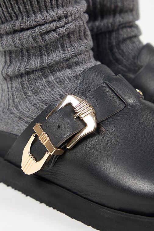 Manijero Siyah Kadın Deri Terlik MNJ.160.02 - Görsel 4