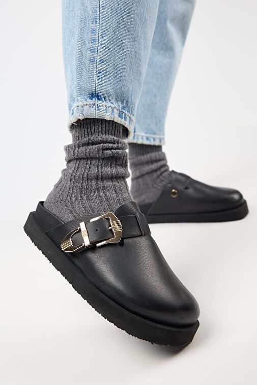 Manijero Siyah Kadın Deri Terlik MNJ.160.02 - Görsel 5