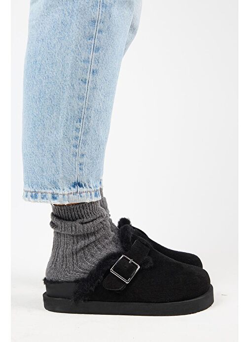 Manijero Siyah Kadın Deri - Kürklü Terlik MNJ.161.02 - Görsel 2