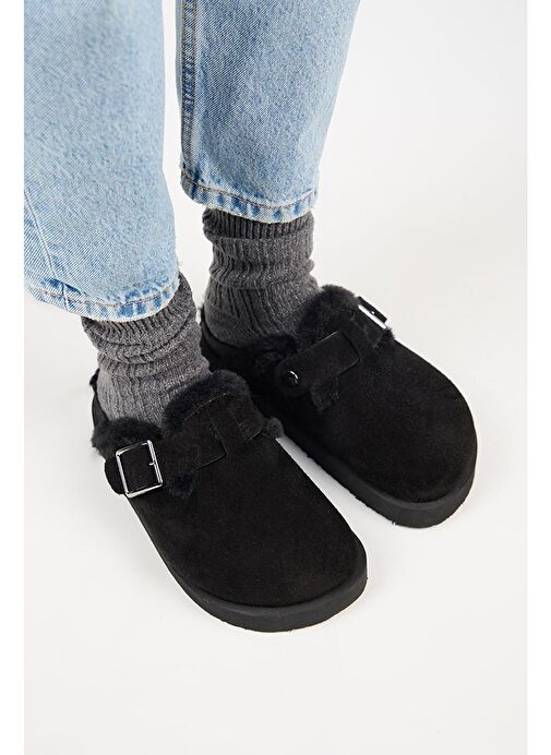 Manijero Siyah Kadın Deri - Kürklü Terlik MNJ.161.02 - Görsel 3