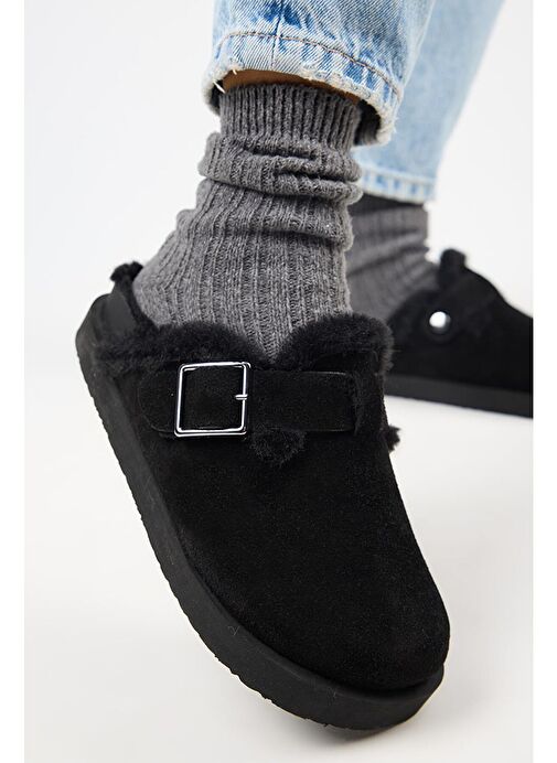 Manijero Siyah Kadın Deri - Kürklü Terlik MNJ.161.02 - Görsel 5