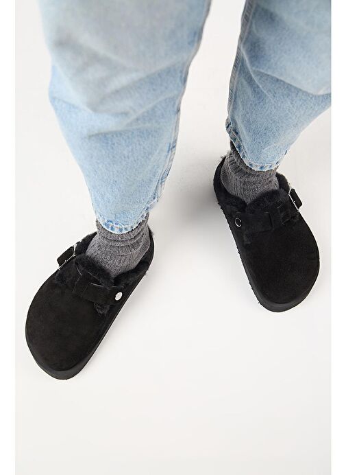 Manijero Siyah Kadın Deri - Kürklü Terlik MNJ.161.02 - Görsel 7