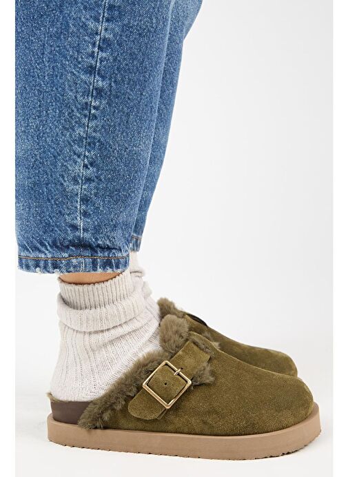 Manijero Haki Kadın Süet - Kürklü Terlik MNJ.161.03 - Görsel 2