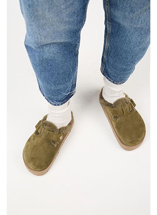 Manijero Haki Kadın Süet - Kürklü Terlik MNJ.161.03 - Görsel 3