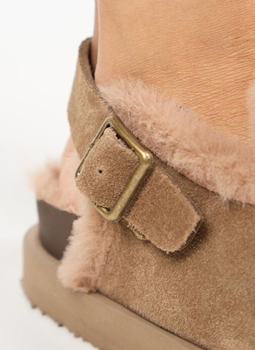 Manijero (Holly 2 Kürklü Platform) Kadın Hakiki Deri Kemerli Tokalı Sabo Vizon Sandalet - Görsel 4