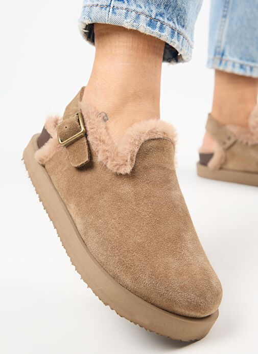 Manijero (Holly 2 Kürklü Platform) Kadın Hakiki Deri Kemerli Tokalı Sabo Vizon Sandalet - Görsel 5