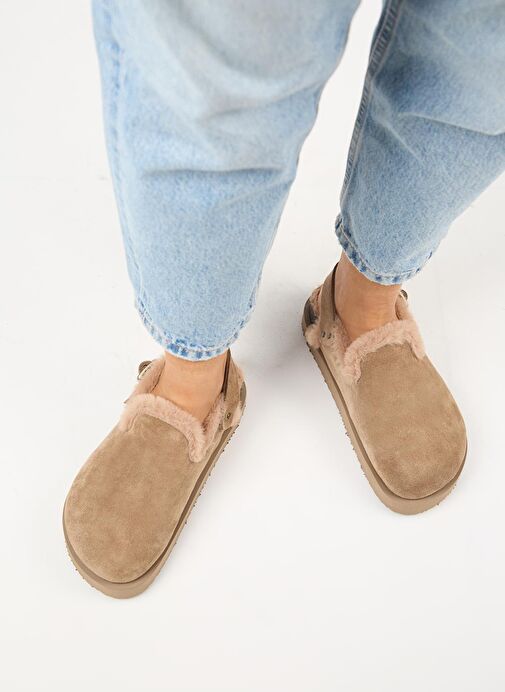 Manijero (Holly 2 Kürklü Platform) Kadın Hakiki Deri Kemerli Tokalı Sabo Vizon Sandalet - Görsel 7