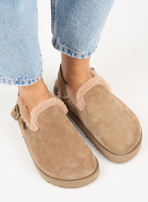 Manijero (Holly 2 Kürklü Platform) Kadın Hakiki Deri Kemerli Tokalı Sabo Vizon Sandalet - Görsel 3