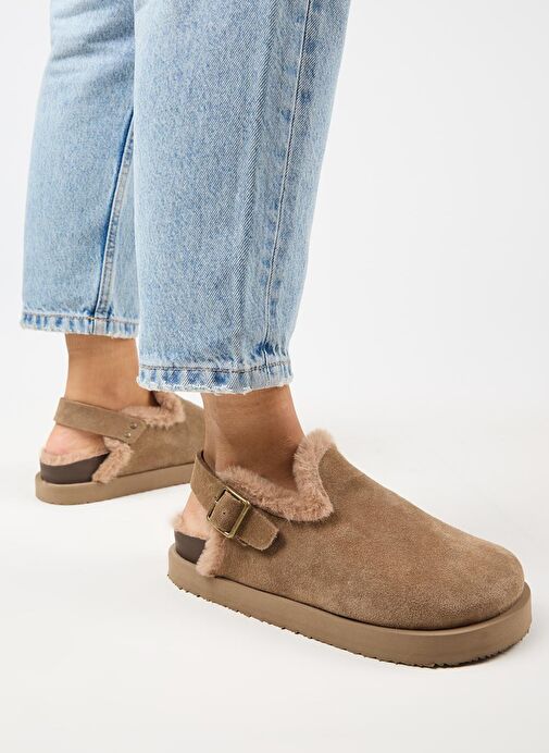 Manijero (Holly 2 Kürklü Platform) Kadın Hakiki Deri Kemerli Tokalı Sabo Vizon Sandalet - Görsel 6