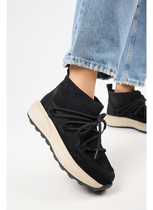 Manijero (Palmira) Kadın Hakiki Deri İçi Kürklü Bağcıklı Mini Siyah Bot - Görsel 5