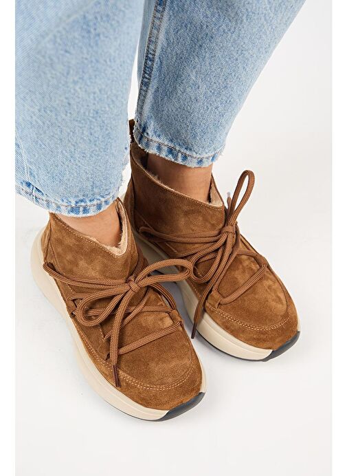 Manijero (Palmira) Kadın Hakiki Deri İçi Kürklü Bağcıklı Mini Taba Bot - Görsel 3